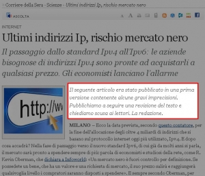 L'articolo ripubblicato su Corriere.it con correzioni e scuse